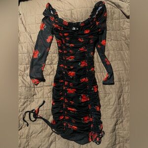 Tiger Mist Red Rose Mesh Dress with Adjustable Ruching at Hem